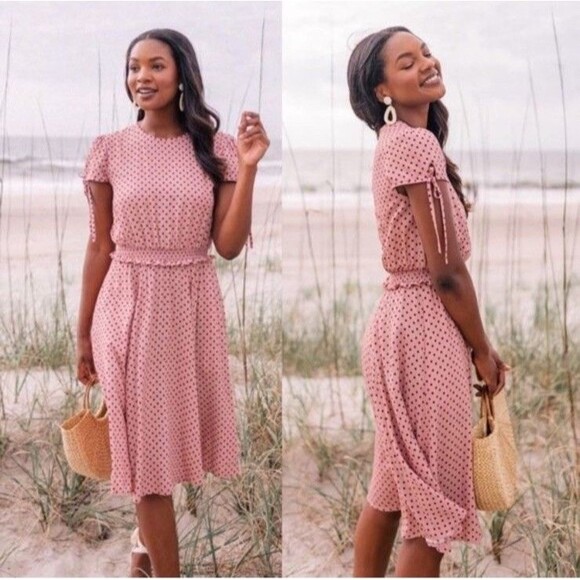 Gal Meets Glam Collection Dress 6 Corinne Pink Polka Dot A-line Midi Pinup Retro - Picture 1 of 6